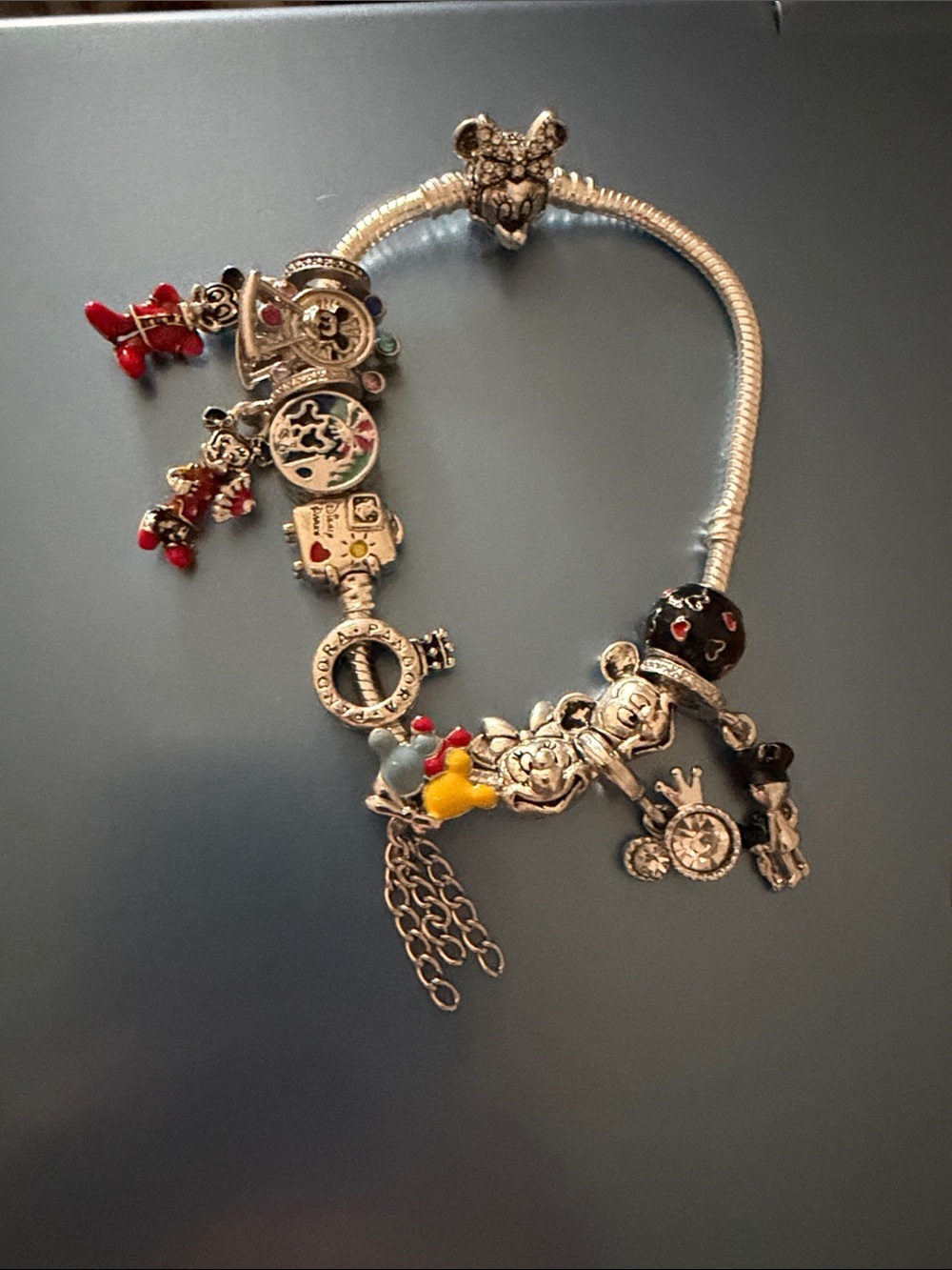 Disney Silver Charm Bracelet with Red, Yellow, Black & Blue Accents